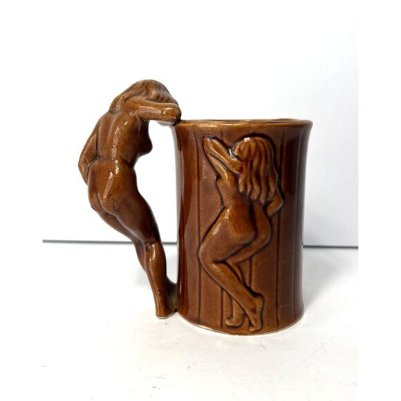 Vintage Japan Ceramic Mug Risque Nude Pin Up Girl Strip Tease Brown Tiki - Picture 3 of 7